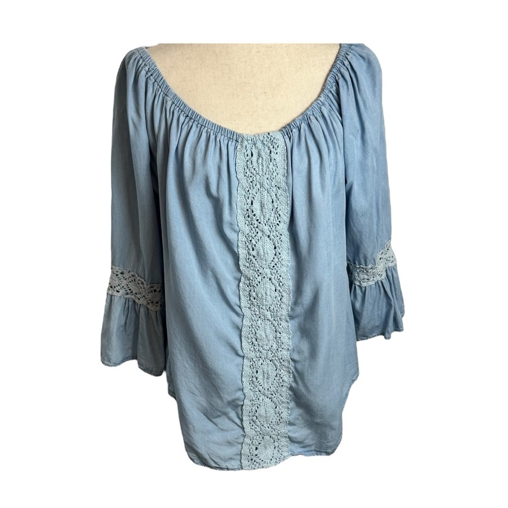 Alison‎ Andrew Blue Lace Detail Top size 1X peasant boho festival bell sleeve - Picture 10 of 10